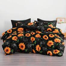 Sunflower Pattern Comforter Set – Soft Black Microfiber, Wrinkle-Resistant / Fade-Free - màu đen - Xem 1