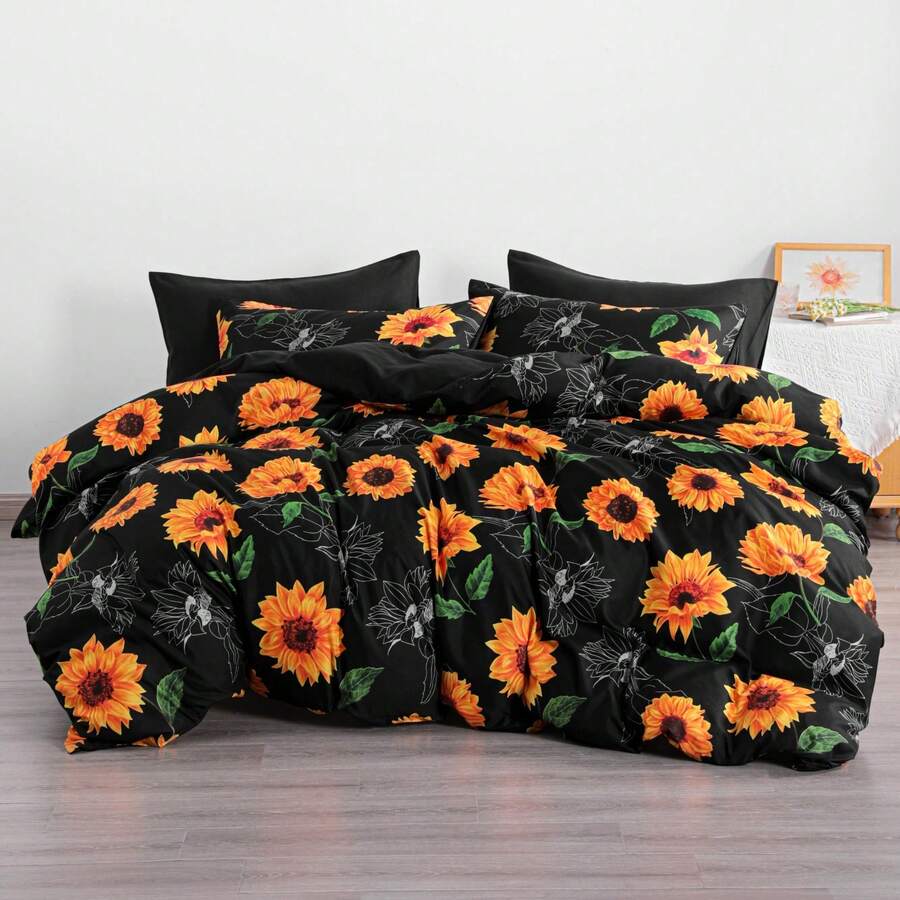 Sunflower Pattern Comforter Set – Soft Black Microfiber, Wrinkle-Resistant / Fade-Free - màu đen - Xem 1