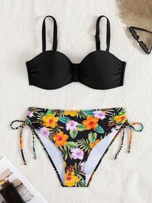 女士两件套泳衣，印花高弹针织面料，82% 涤纶 + 18% 氨纶，几何图案，抽绳设计，上衣 195gsm，里料 130gsm，夏季沙滩度假装 - 彩色 - 查看 3