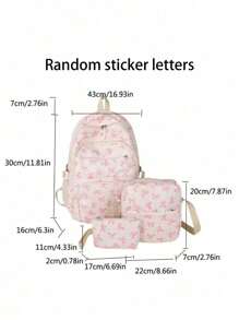 3 件米色尼龙蝴蝶结印花多口袋可折叠防水拉链背包，适合青少年、高中生/大学生、日常、学校、培训、通勤、购物、旅行、情人节礼物（标签位置上的字母随机）