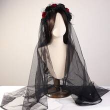 1pc Halloween Simulation Rose Flower Headband, Black Veil Headband, Black Veil Headpiece, Costume Accessory For Valentine's Day Party, Bridal Red Rose Veil