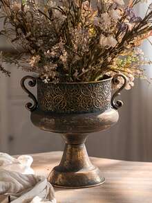 Metal Decorative Vase, Tall Elegant Vintage-Inspired Flower Vase, Urn Shaped Centerpiece Vase, Rustic Finish Cup Design For Home & Office Patio Front Porch Decor - 咖啡棕 - 查看 5