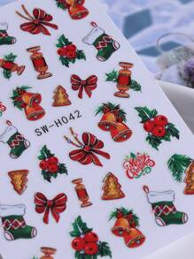 2 件圣诞树闪光蝴蝶结铃铛袜子糖果贴纸指甲贴花 3D 闪光节日 DIY 自粘指甲贴花艺术设计美甲装饰节日礼物送给女士女孩
