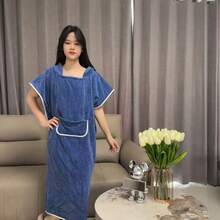 1pc Solid Color Hooded Robe Poncho, Minimalist Plush Hooded Bathrobes For Changing, Beach, Surfing, Swimming, Thickened Warm Adult Beach Poncho With Drawstring - Light Blue - View 1