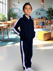 Pants Escolar Conjunto Deportivo Uniforme Punto de Roma Afelpado Térmico - Marino Franja Blanca - Ver 2