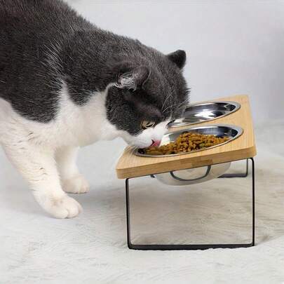 1 Set Of 2 Raised And Inclined Bowls In Stainless Steel, For The Love Of Cats And Cat Moms. Enhanced Dishes For Cat/Dog Lovers And Cat/Dog Mom. A Gift For Pet Lovers. Anti-Vomiting Support For Pet Feeding. Easy Assembly.