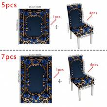1pc/5pcs/7pcs/30pcs Luxurious Peacock Blue Embroidered Floral Rectangle Tablecloth + Removable Chair Cover Set, 100% Polyester Velvet Tablecloth, Applicable For Home Dining Room, Living Room, Kitchen, House, Hotel Daily Use, Gift, Party Decor 1 Tablecloth + 4 Chair Covers Or 1 Tablecloth + 6 Chair Covers