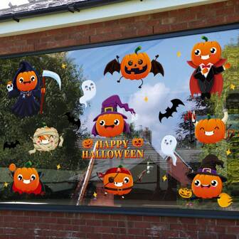 2 pièces Autocollants statiques en PVC colorés de citrouille et fantôme d'Halloween, décorations de fête à thème pour la maison, stickers pour fenêtres en verre, création d'une atmosphère festive, décoration de maison pour Halloween, décoration d'automne, décoration de chambre