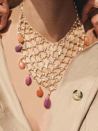 1 件奢华高端设计串珠金属网吊坠项链，女士百搭休闲项链配饰