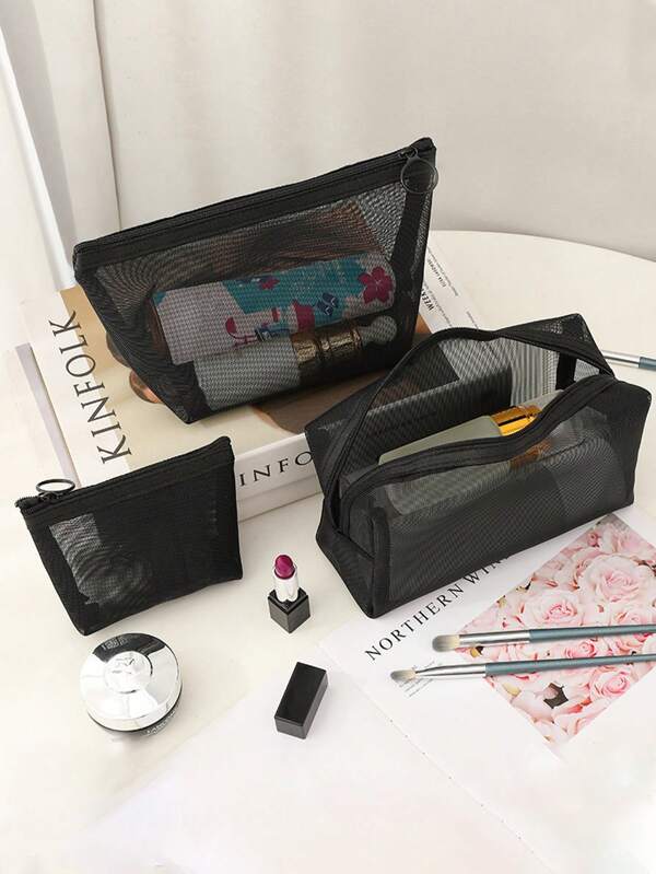 3pcs Simple Black Nylon Transparent Mesh Cosmetic Bags, With Zipper Portable Storage Pouches, Suitable For Lipstick, Makeup, And Medium Travel Toiletry Bags, Practical Accessory Set For Home, Office, Travel, Christmas Gift