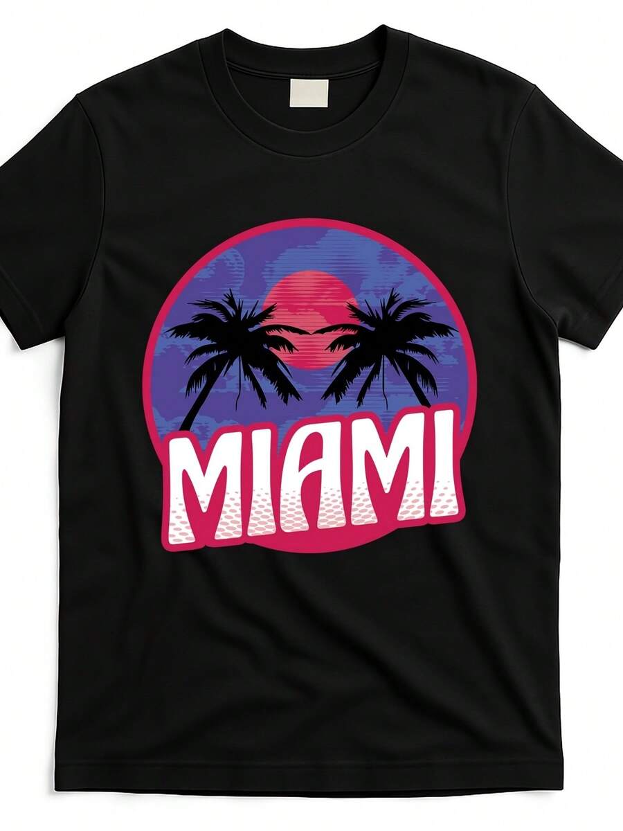 Retro Miami Sunset Palm Tree Graphic T-Shirt - Black Casual Tee With Bold "MIAMI" Text, Vibrant Pink & Blue Gradient Design, Regular Fit Round Neck For Adults, Machine Washable, Outdoor Clothing, Allseason Top, Streetwear Fashion, Soft Fabric, Printed Shirt, Wear - 黑色 - 查看 1