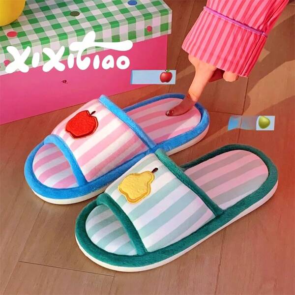 XIXITIAO Fashionable Creative Women's Ins Colorblock Striped Cute Apple & Pear Design Linen Anti-Slip Breathable Indoor Slippers, Suitable For All Seasons And Air-Conditioned Rooms