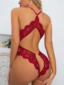 Sexy Lingerie Accessories Floral Lace Scallop Decoration Teddy Bear, Deep Neck Hanging, Exposed Back, Exposed Crotch Jumpsuit, Women's Sexy Clothing (All Sizes XL)