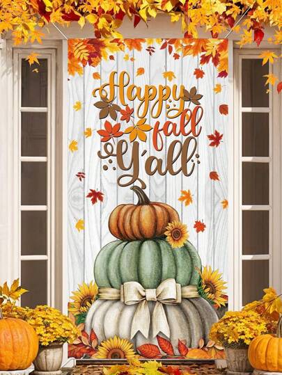 1pc Autumn Door Curtain, Welcome Fall Pumpkin Maple Leaf Scarecrow Pattern Design Banner, Home Porch Decor, Suitable For Autumn, Thanksgiving Holiday Party Hanging Decoration, Autumn Decor