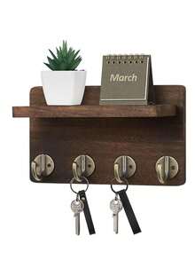 8.5 Inch Wooden Wall Mounted Key Holder Organizer, 4-Hook Entryway Decorative Wall Rack For Living Room, Kitchen (Brown) - Multicolor - View 9