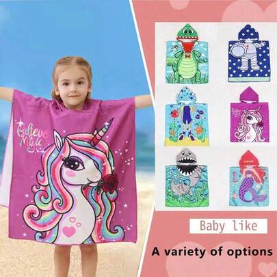 1 st tecknad badhandduk med huva, 60 cm * 120 cm storlek, kan vikas ut som filt, tillverkad av polyestertyg, med plastspänne för barn, snabbtorkande strandhandduk, söt tecknad badrock för babybad, badrumspresent