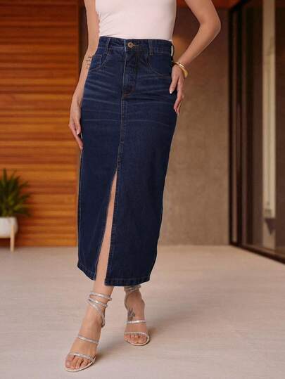 Saia jeans modelo fenda cintura alta tecido esbranquiçados nova 2025