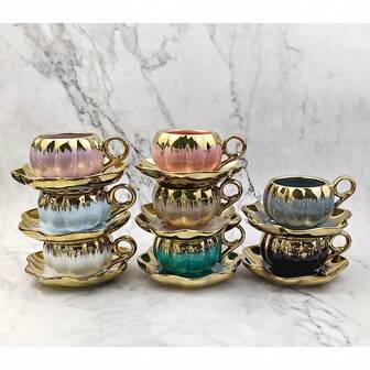 2pcs Pumpkin Shaped Ceramic Coffee/Tea Cup & Saucer Set, Electroplated Gold, White, Gray, Brown Colors, 120ml Cup