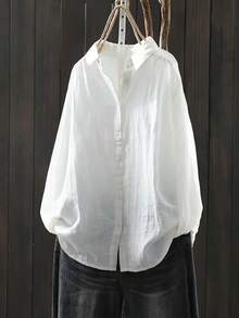 Women's Casual Loose Plain Sheer Long Sleeve Shirt - White - View 1