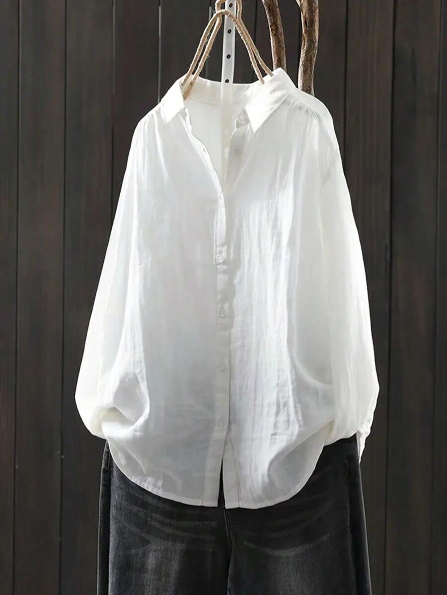 Women's Casual Loose Plain Sheer Long Sleeve Shirt - White - View 1