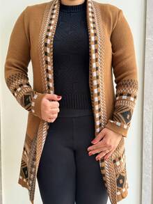 Women's Checkered Kimono Cardigan Teddy Coat Long Sleeve Open Front Elegant Striped Argyle Cute Boho Chic Casual Sexy Fleece-Like Fabric Textured Daily Airport Wear Birthday Party Formal & Evening Holiday - 巧克力棕色 - 查看 2