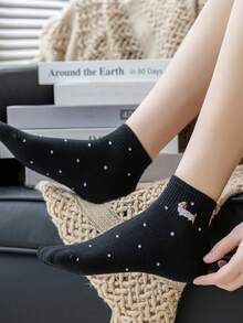 3 Pairs Women Black, White & Gray Combination Ankle Socks, Cute Dachshund Embroidery, Ribbed Design, Breathable Knit Fabric, Minimalist & Cute Style, Suitable For Home, Commute, Dating, Holiday Gift