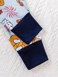 1pc Baby Boy Overall Romper With Hot Dog, Pretzel, Ice Cream, Ice Lolly Prints, Round Neck Long Sleeve Contrast Color Zipper Design, Suitable For Daily Casual Wear