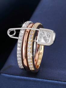 1 pezzo Anello da donna unico con design a 3 anelli e un singolo ago, decorato con zirconia cubica