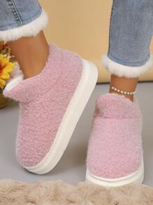加大码冬季新款粉色羊毛全覆盖高帮女式厚底家居拖鞋，室内毛绒保暖轻便防滑静音一脚蹬仿皮毛穆勒鞋 - 粉色 - 查看 4