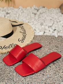 女士轻便纯色时尚红色镂空多功能平底凉鞋，适合海滩、度假、办公室、家居、所有季节，一脚蹬拖鞋