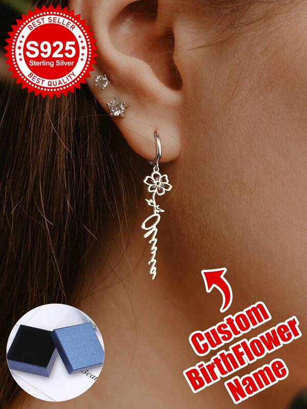 S925 Sterling Silver Custom Birthday Flower - Designed Drop Earrings With Personalized Name - Personalized Jewelry Gift For Girlfriends, Sisters, Mom & Self - Ideal For Birthday Parties, Anniversary Events, Garden Fetes, Daily Elegant Glamour, Date Evenings & Cherished Life Moments