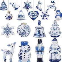 10/20 Stück Holz Weihnachtsdekoration, blau & weiß Porzellan Hängedekoration - Vögel, Bäume, Schneeflocken, Hirsche, für Weihnachtsbaum, Heim- und Raumdekoration im Winter