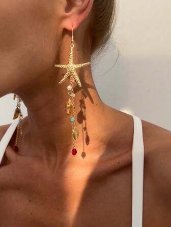 2pcs Bohemian Style Starfish, Irregular Stone, Small Round Beads, Seashell Accessories, Suitable For Women's Daily, Beach Vacation, Hot Summer Seaside Activities, Also An Ideal Gift For Young Girls, Random Stone Size And Shape