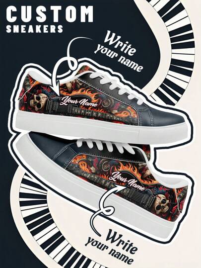 [Rock Music Festival Theme] Custom Name Low-Top Sneakers, PU Upper Panel Shoes, Skull And Guitar Flame Print, Lightweight Unisex All-Season Casual Wear