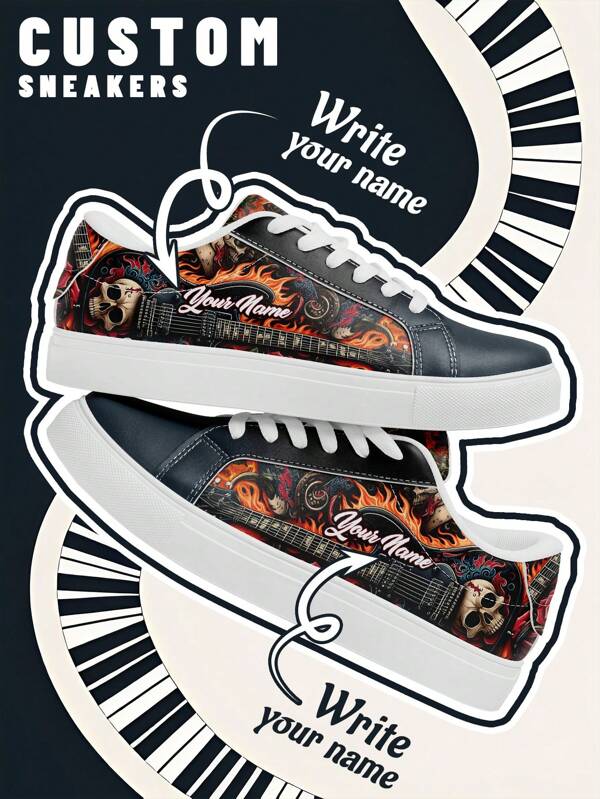 [Rock Musikfestival Thema] Personalisierte Low-Top Sneaker, PU Obermaterial, Totenkopf- und Gitarren-Flammen-Muster, leicht, unisex, ganzjährig lässiger Tragekomfort