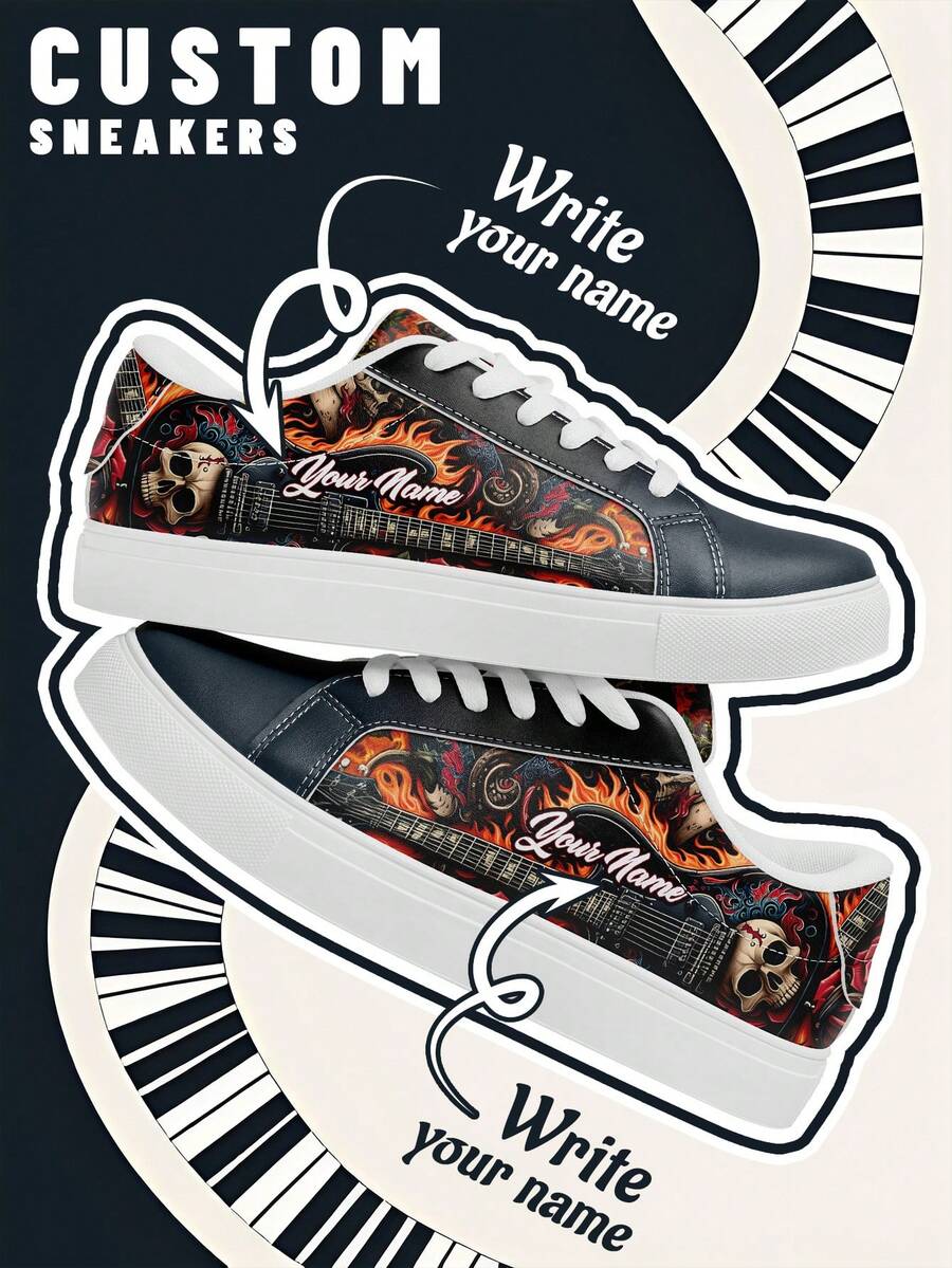 [Rock Music Festival Theme] Custom Name Low-Top Sneakers, PU Upper Panel Shoes, Skull And Guitar Flame Print, Lightweight Unisex All-Season Casual Wear
