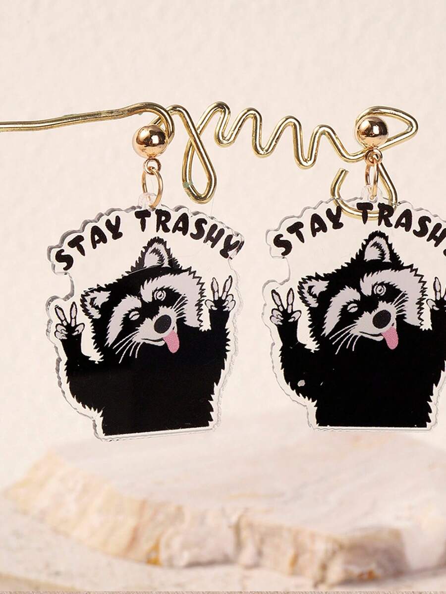 1 对趣味亚克力彩绘印花小浣熊耳坠，适合女士和女孩佩戴，配饰珠宝 - 查看 1