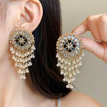 Andkiss 1 Pair High-End Geometric Round Faux Pearl Tassel Earrings - Gold-black - View 1