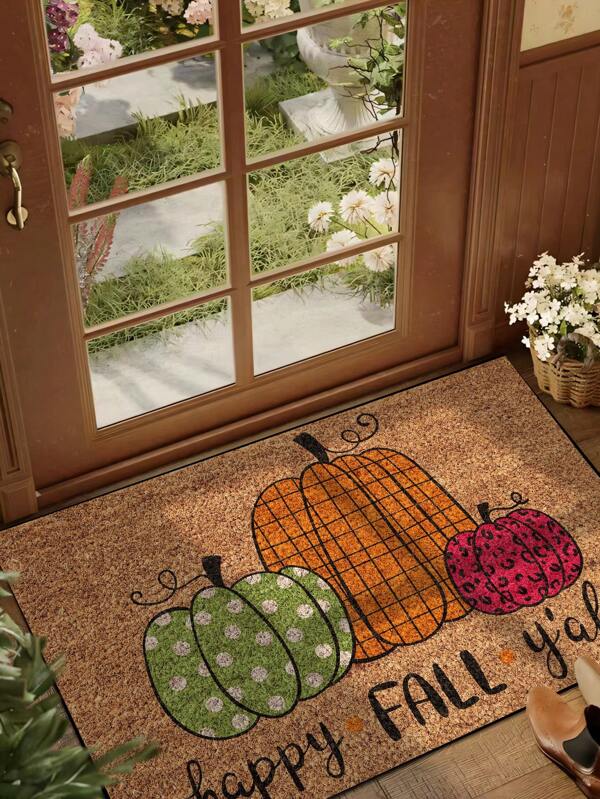 1 pieza Felpudo de bienvenida con diseño de calabaza "Happy Fall", felpudo de peluche corto y secado rápido de estilo minimalista para la temporada de cosecha, apto para cocina, baño, comedor, pasillo, fiesta, vacaciones, todas las estaciones, decoración de Yard, hogar, habitación, ambiente de otoño