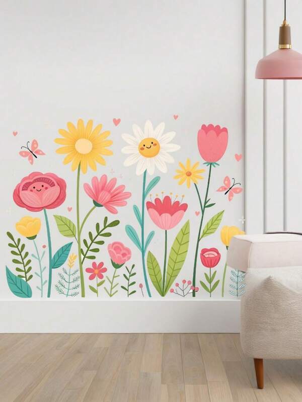1pc Back To School Season Cartoon Watercolor Butterfly Flower Wall Stickers Bathroom Home Decoration Stickers Living Room Bedroom Wall Stickers Children's Room Wall Stickers Door Wall Stickers Room Decoration Tv Sofa Background Wall Decoration Living Room Decor Personalised Stickers