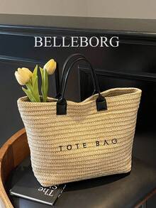 Bolso de paja casual de gran capacidad para vacaciones, bolso de hombro elegante y sencillo para mujer - Negro - Ver 5