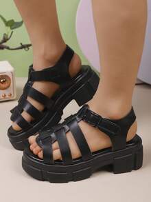 儿童厚底舒适编织罗马凉鞋儿童时尚厚底镂空软底防滑凉鞋 - 黑色 - 查看 3