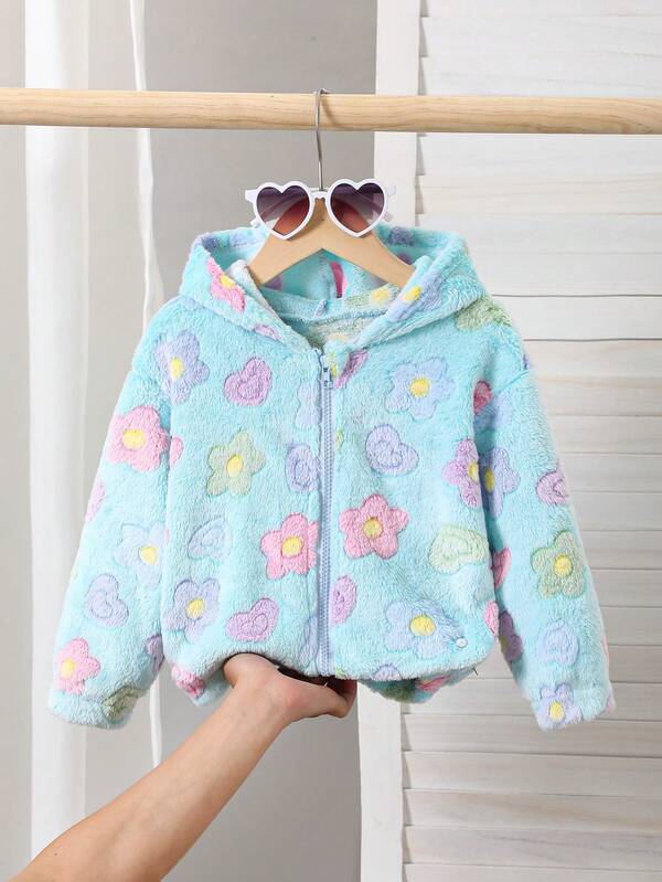 Mädchen bunte Blumen Fleece Reißverschluss Kapuzenjacke, lässiges elastisches Bündchen- und Saum-Design, warme Winteroberbekleidung