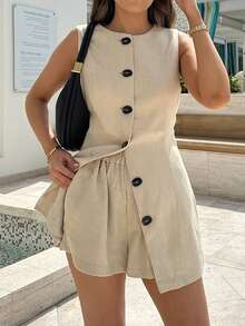 2pcs Women Elegant Casual Solid Color Round Neck Vest And Shorts Set, Shorts With Elastic Waist And Pockets - Apricot - View 3