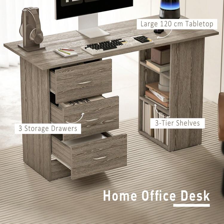 HOMCOM 120cm Computer Desk, Writing Table, PC Workstation With 3 Storage Shelves And Drawers - Grey - View 4