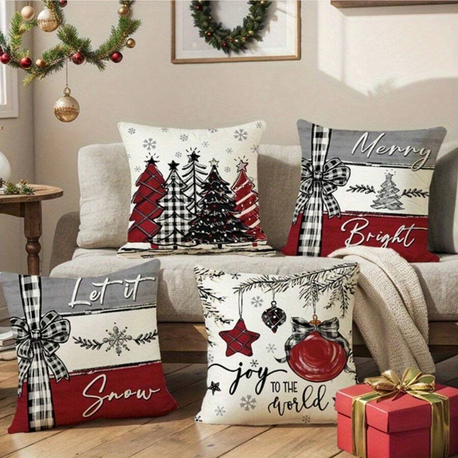 4/1 Set, 45*45cm Christmas Theme Pillow Covers, Soft & Comfortable Pillow Cases With Zipper Closure, For Home & Room Decor, Santa Claus & Snowman Design, Machine Washable - Multicolor - View 1
