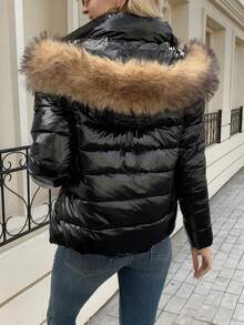 女士优雅连帽夹克，短款拉链毛领外套，日常冬季保暖穿着，黑色绗缝开衫 - 黑色 - 查看 3