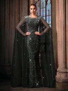 Elegante Damen-Abendkleider in Champagner mit Perlen und Pailletten, Meerjungfrau-Stil, formelle Abendkleider für Frühling und Sommer, Cocktailparty, Hochzeitsgast, Maxikleider für Gala, Bankett und Abendessen - Schwarz - Übersicht 1