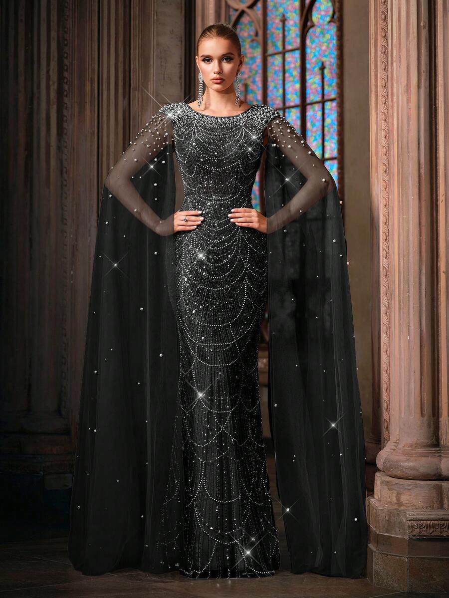 Elegante Damen-Abendkleider in Champagner mit Perlen und Pailletten, Meerjungfrau-Stil, formelle Abendkleider für Frühling und Sommer, Cocktailparty, Hochzeitsgast, Maxikleider für Gala, Bankett und Abendessen - Schwarz - Übersicht 1