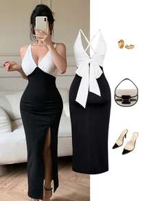 法式黑白撞色性感深 V 领露背蝴蝶结设计修身优雅派对中长连衣裙，返校季新款女装 - 黑與白 - 查看 2